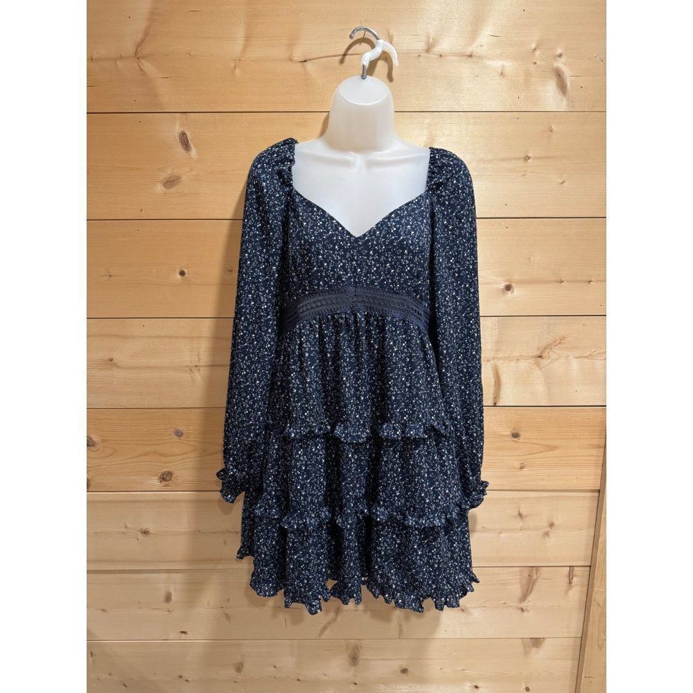 Lulu's Blue White Floral Ruffled Long Sleeve Mini Dress